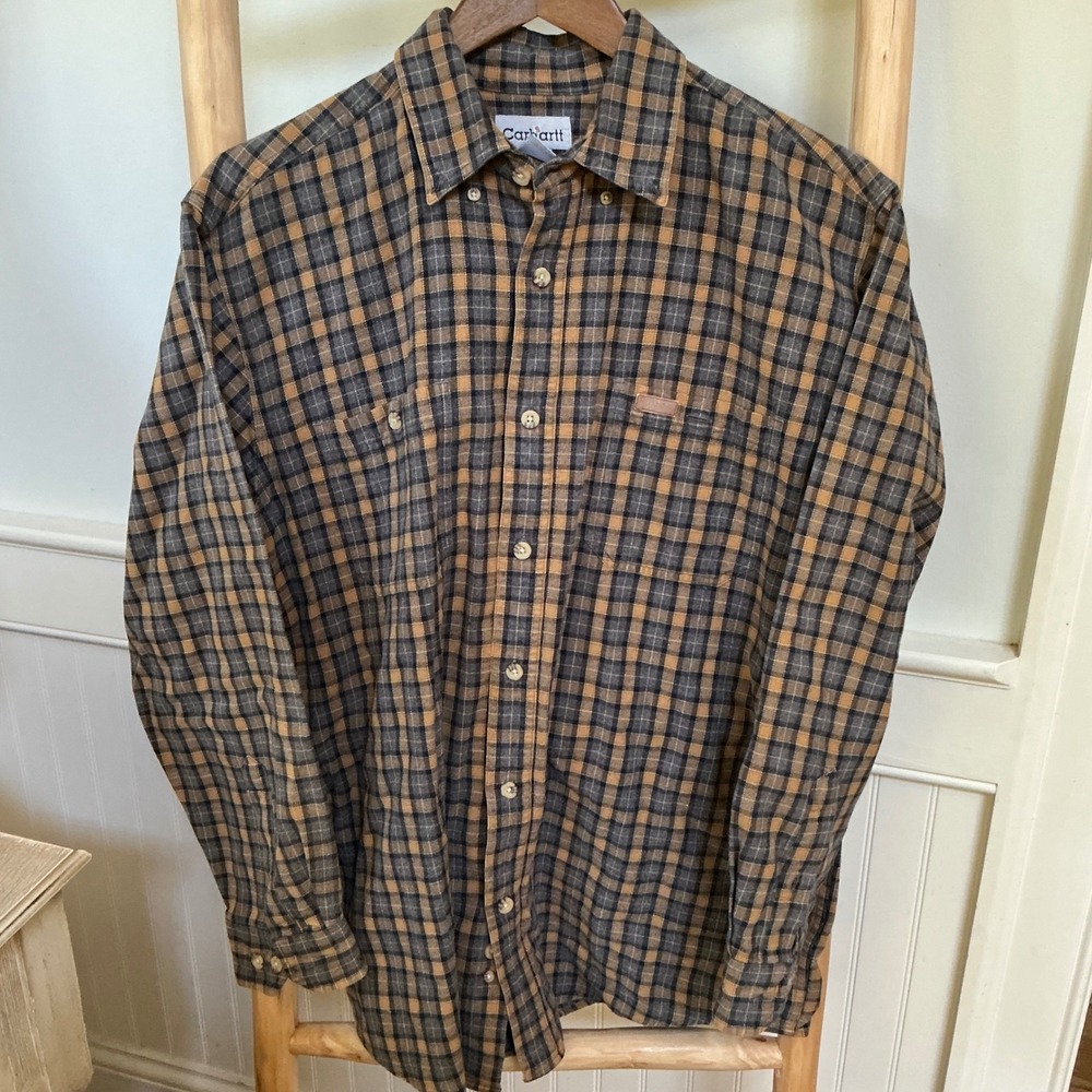 Carhartt Mens Large Plaid Button Down Work Shirt Brown Tan Grey 100% Cotton